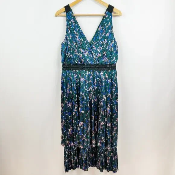 Banana Republic Sleeveless Micro Pleat Dress Sz 8 Petite Green Blue Floral Midi - Picture 3 of 13